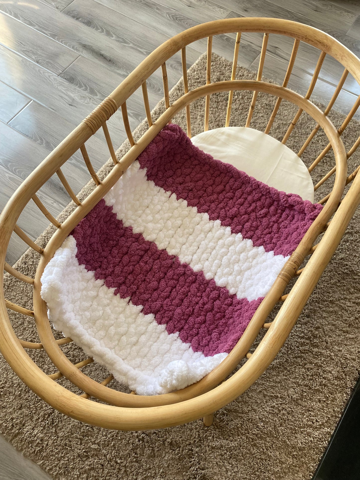 Handmade Chunky Knit Blanket - Eggplant & White