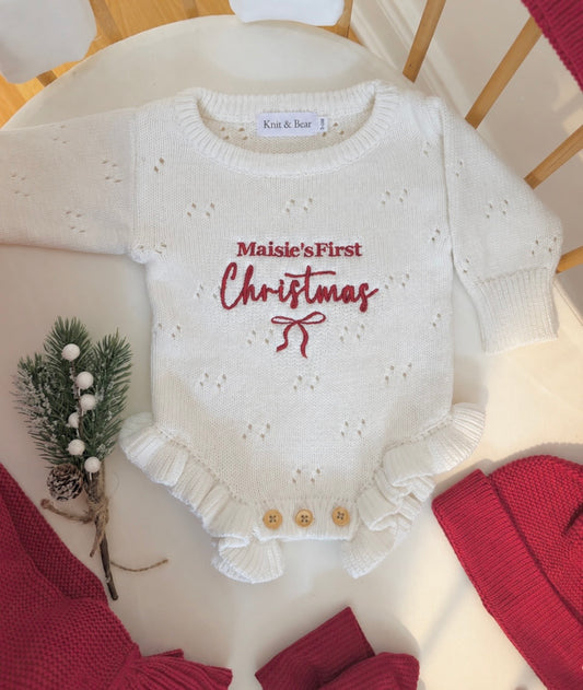 First Christmas - Pointelle Frill Romper (Name Personalisation)