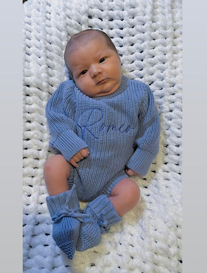Buttoned Chunky Knit Romper - Deep Blue