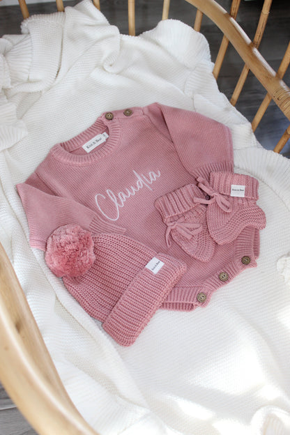Buttoned Flat Knit Romper - Dusky Pink