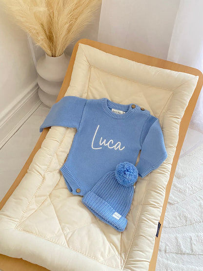Buttoned Flat Knit Romper - Light Blue