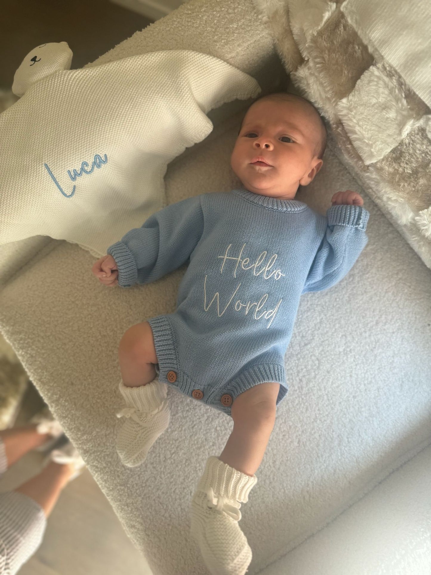 Buttoned Flat Knit Romper - Light Blue