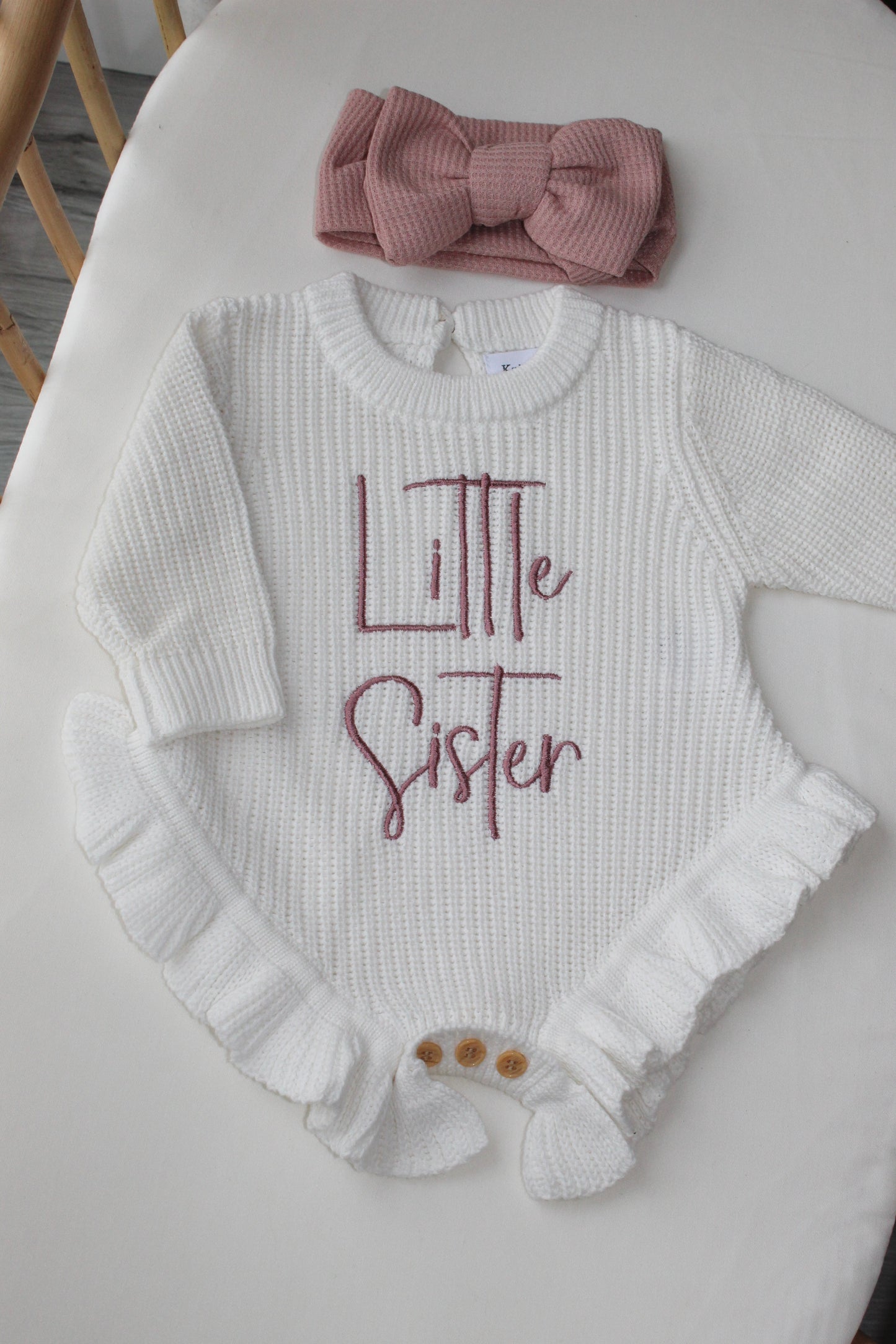 The Ribbed Dusky Pink Headband Bundle - White Frill Knit Romper