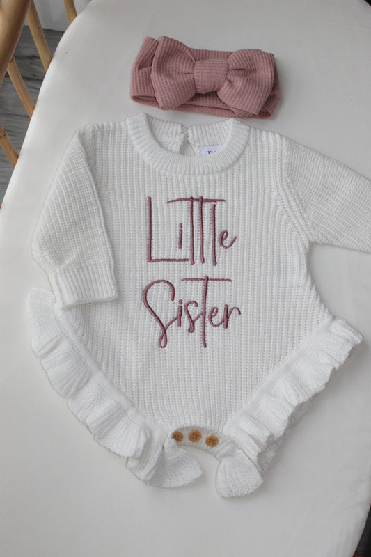 The Ribbed Dusky Pink Headband Bundle - White Frill Knit Romper