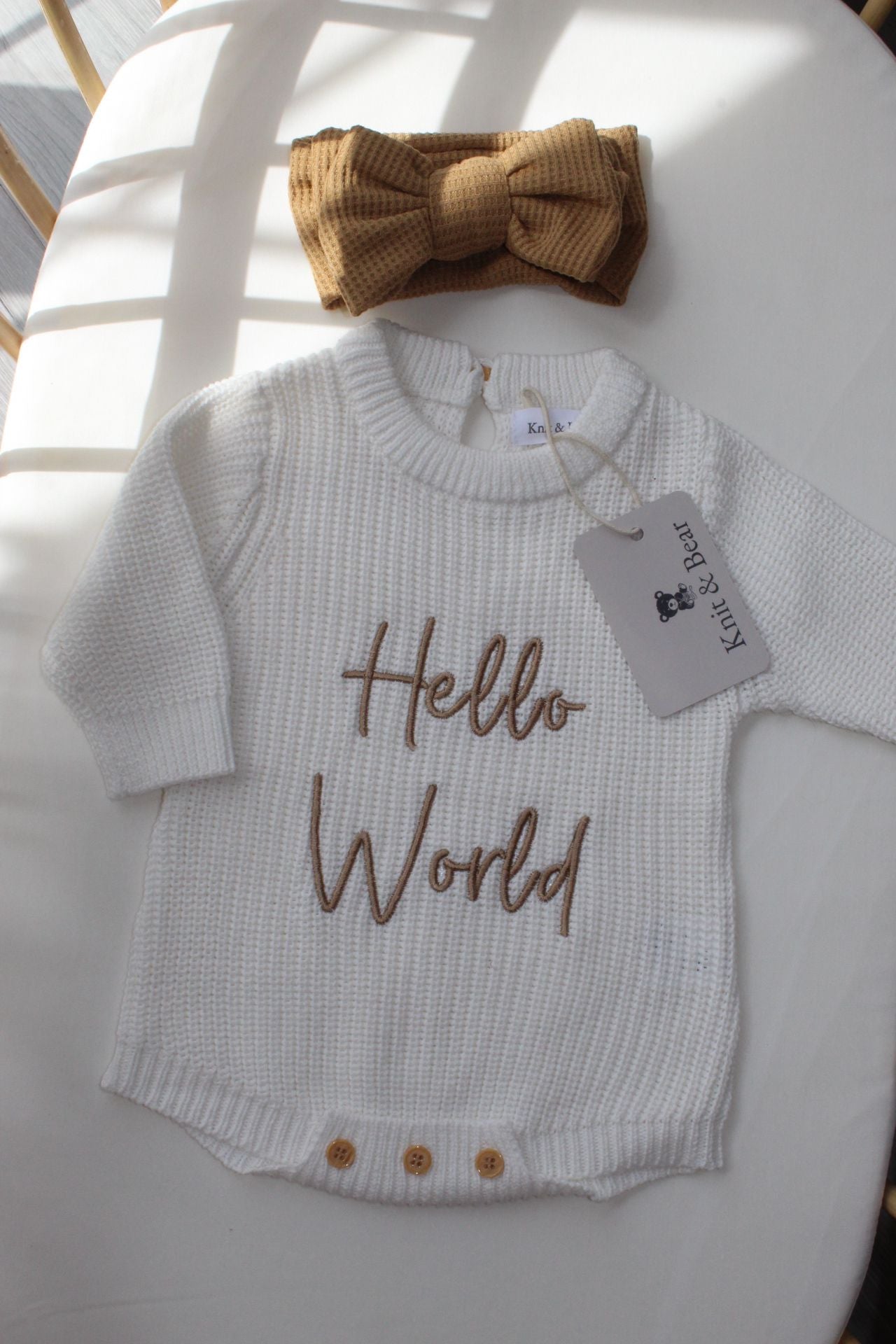 The Ribbed Brown Headband Bundle - White Chunky Knit Romper