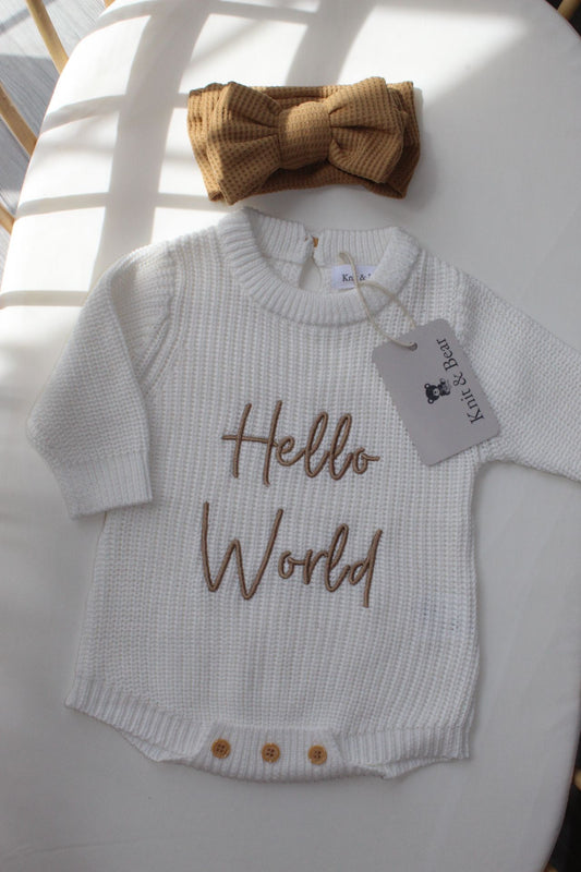 The Ribbed Brown Headband Bundle - White Chunky Knit Romper