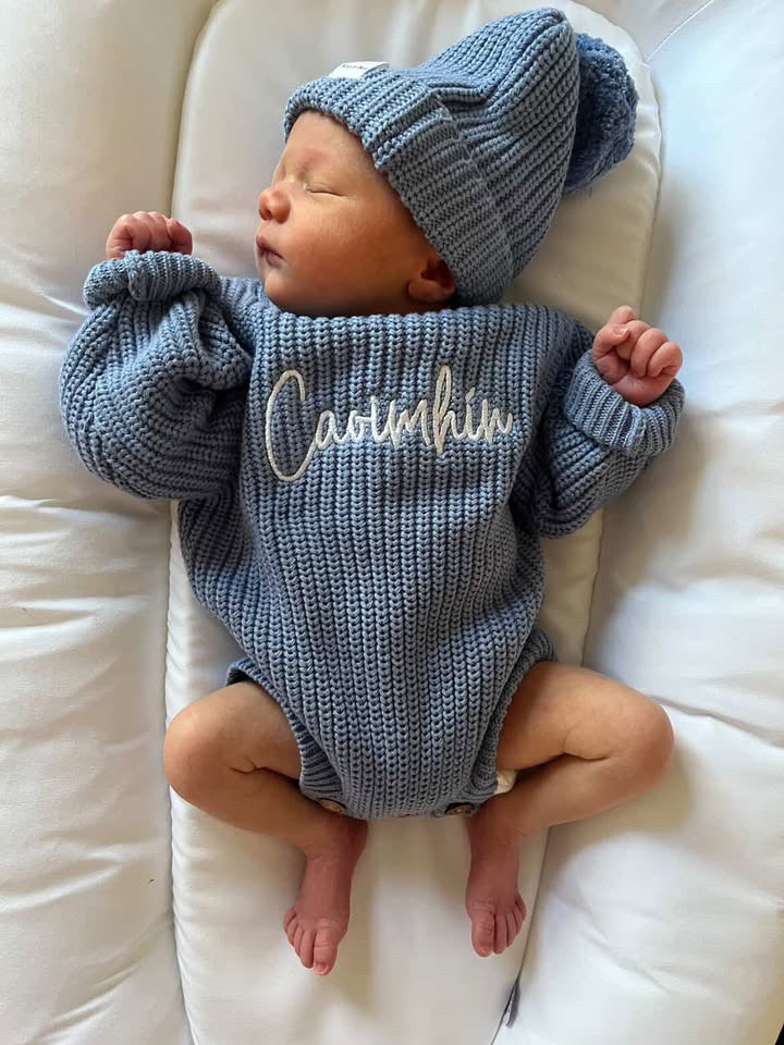 Buttoned Chunky Knit Romper - Deep Blue