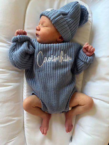 Buttoned Chunky Knit Romper - Deep Blue