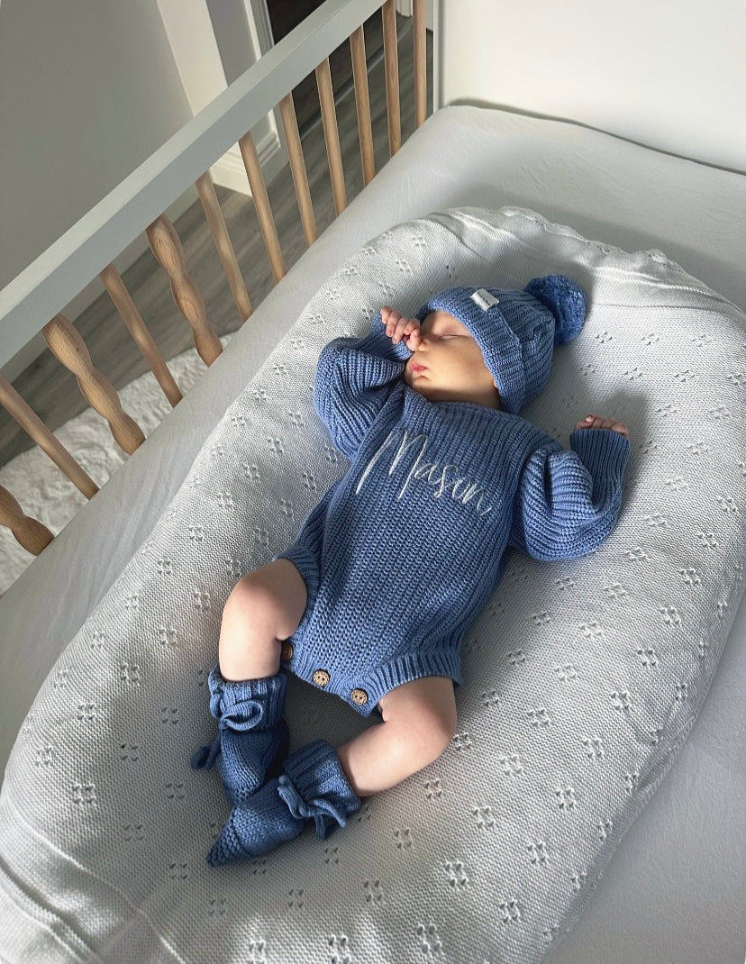 Buttoned Chunky Knit Romper - Deep Blue