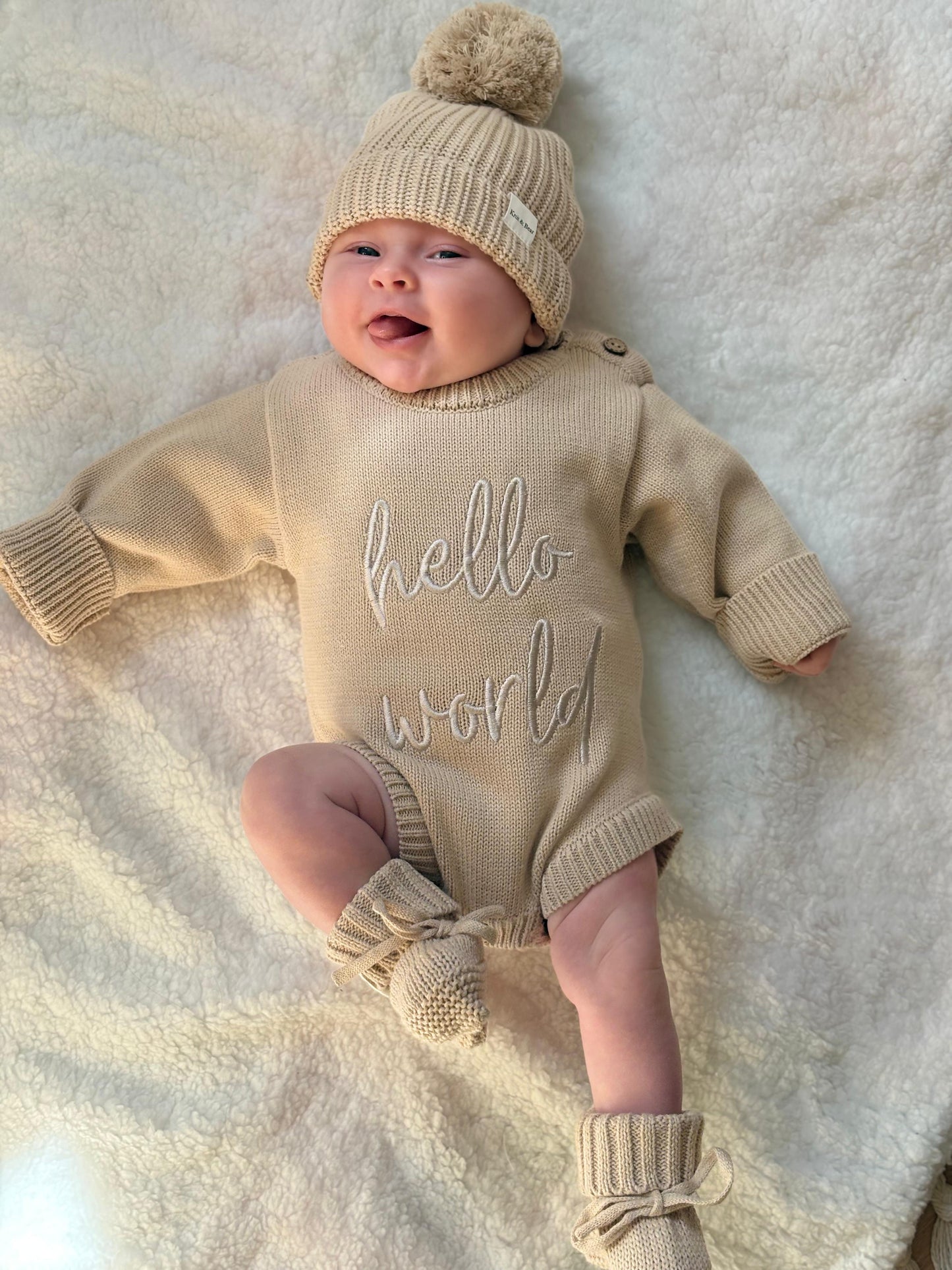 Buttoned Flat Knit Romper - Beige