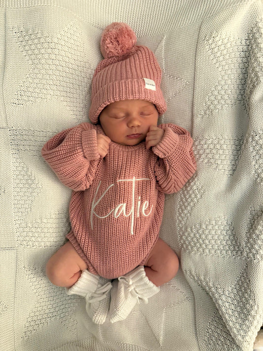 Buttoned Chunky Knit Romper - Dusky Pink