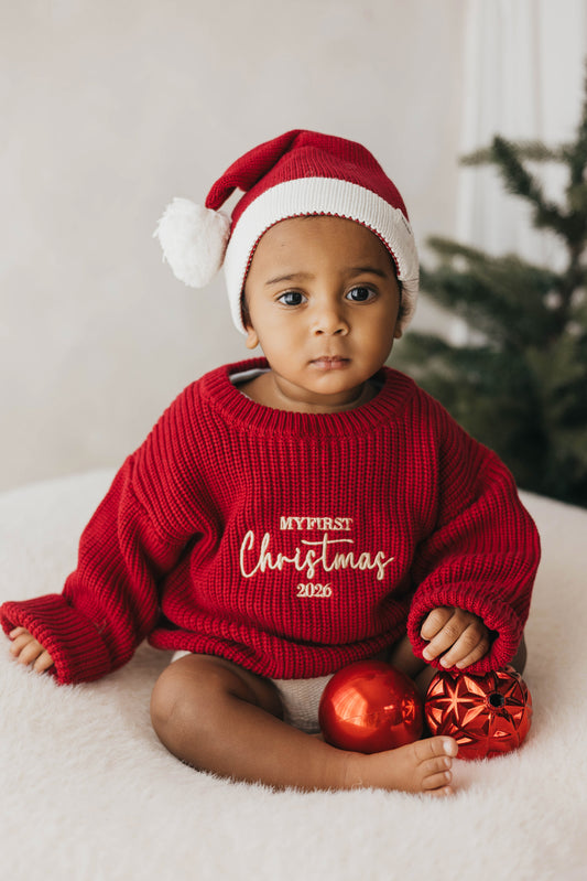 My First Christmas - Chunky Knit Sweater in Deep Red