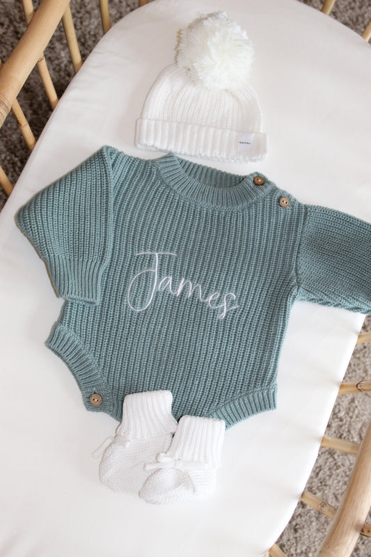 The White Beanie Bundle - Sage Chunky Knit Romper