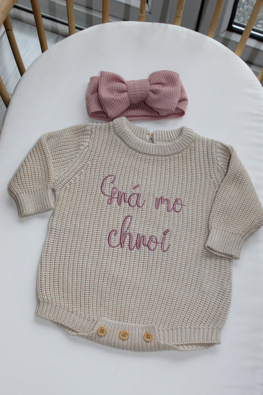 The Ribbed Dusky Pink Headband Bundle - Beige Chunky Knit Romper