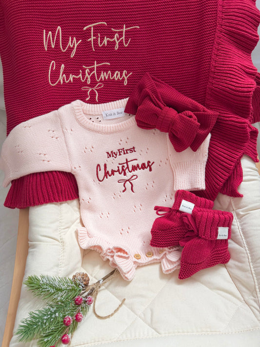 My First Christmas - Pointelle Frill Romper - Baby Pink