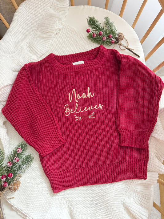 Chunky Knit Christmas Sweater - Personalised (Deep Red)