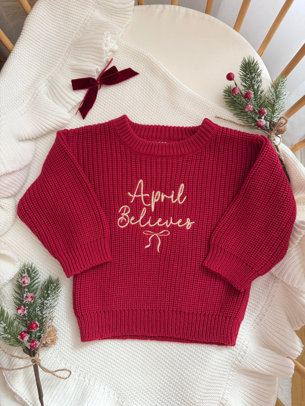 Chunky Knit Christmas Sweater - Personalised (Deep Red)