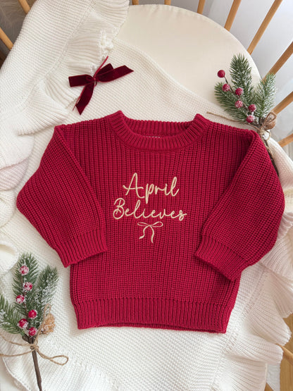 Chunky Knit Christmas Sweater - Personalised (Deep Red)